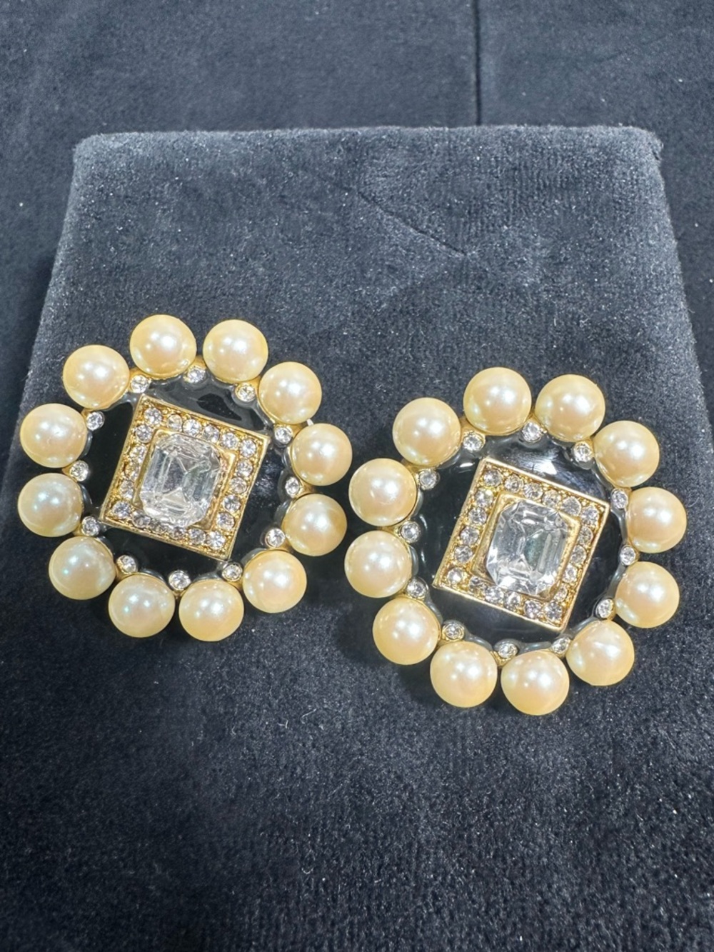 NOS: Vtg Oversized Faux Pearl, Black Enamel & Rhinestone Clip On Earrings